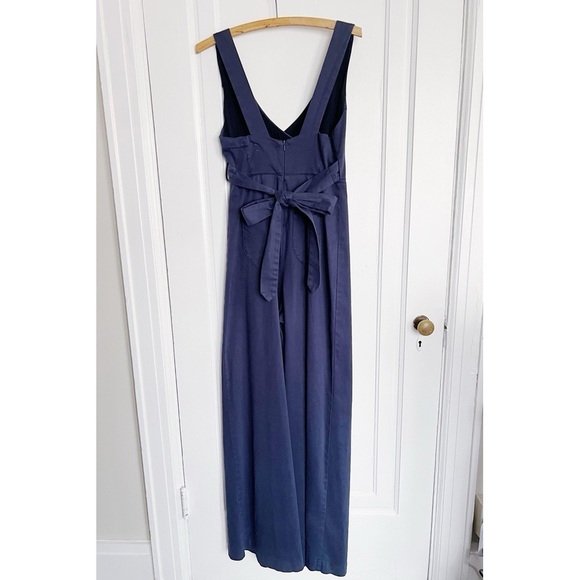 Anthropologie • Chino Jumpsuit navy blue wide leg wrap tie waist stretch twill - Picture 9 of 10